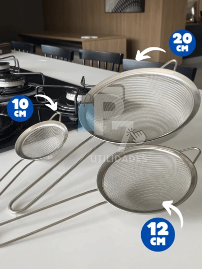 Kit 3 Peneiras de Aço Inox para Cozinha Tamanhos de 10cm 12cm e 20cm