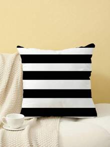 2pcs Black & White Striped Simple Design Polyester Plush Pillow Cover Sofa Throw Cushion Cover