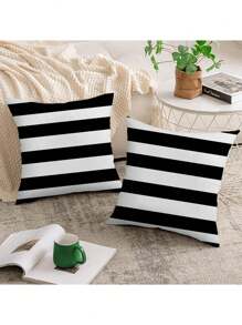 2pcs Black & White Striped Simple Design Polyester Plush Pillow Cover Sofa Throw Cushion Cover