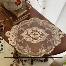 复古法式钩针蕾丝餐垫和杯垫套装，刺绣蕾丝桌布和杯垫适用于玻璃餐桌、梳妆台、婚礼、派对装饰