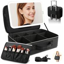 15''X11'' Large Makeup Bag With Removable Lighted Mirror, Professional Travel Makeup Train Case PU Leather Cosmetic Make Up Organizer With Adjustable Dividers & Brush Storage Board - màu đen - Xem 1