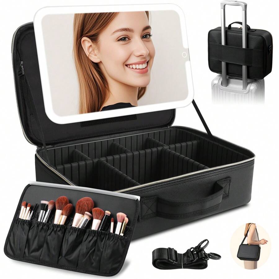 15''X11'' Large Makeup Bag With Removable Lighted Mirror, Professional Travel Makeup Train Case PU Leather Cosmetic Make Up Organizer With Adjustable Dividers & Brush Storage Board - màu đen - Xem 1