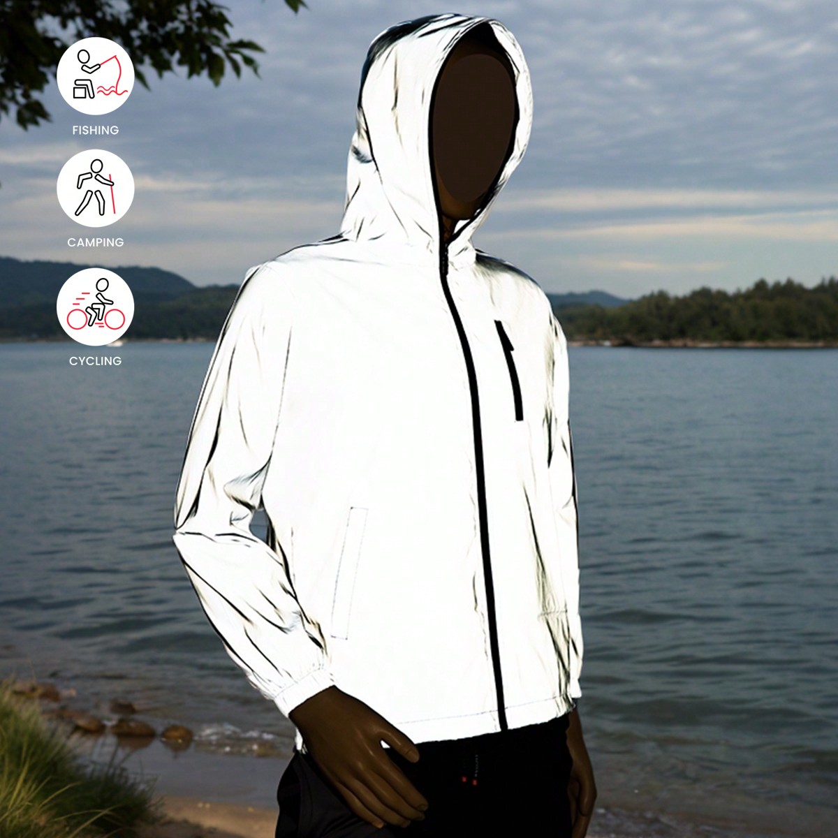 Chaqueta exterior para hombres con detalles reflectantes, con capucha y cremallera, corte holgado, hecha de tela cómoda, adecuada para salidas noctur