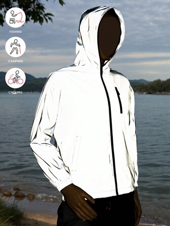 Men's Outdoor Jacket With Reflective Details, A Hooded Open-Front Zipper, And A Relaxed Fit Made From Comfortable Fabric, Suitable For Nighttime Outings, Mountain Climbing, Fishing, Running, Sports, And Outdoor Adventures.