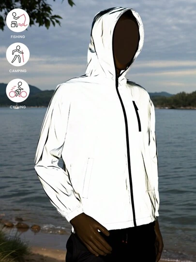 Utomhusjacka för män med reflekterande detaljer, en öppen dragkedja med huva och en avslappnad passform gjord av bekvämt tyg, lämplig för nattliga utflykter, bergsklättring, fiske, löpning, sport och utomhusäventyr.