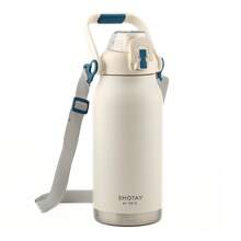 SHOTAY Bình giữ nhiệt cắm trại chân không dung tích lớn bằng thép không gỉ 1500ml/51,24oz, bình nước giữ nhiệt di động có tay cầm đôi có giá đỡ điện thoại ẩn, nắp chống rò rỉ mở một chạm và ống hút, giữ nóng/lạnh cho hoạt động ngoài trời, cắm trại, đi bộ đường dài, lái xe, du lịch - Màu be - Xem 2