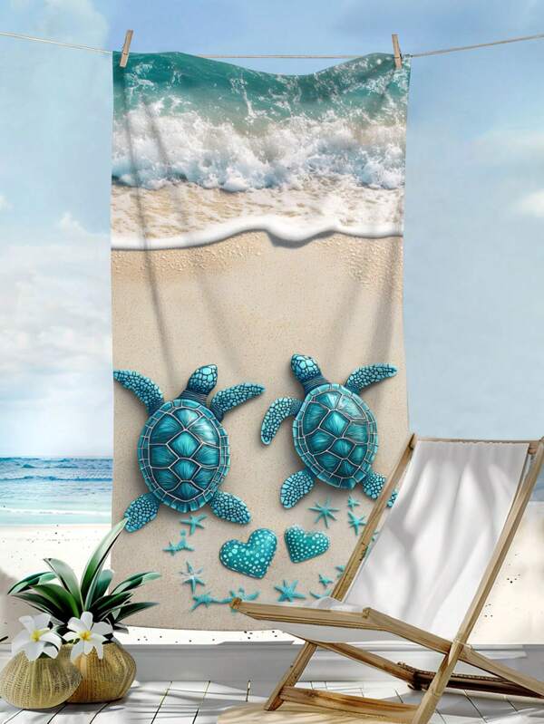 1pc Turtle, Starfish & Heart Print Beach Blanket, Super Absorbent Microfiber Swimming Pool Towel, Suitable For Beach, Bathroom, Travel