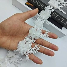10/30/50pcs 3D Chiffon Flower Pearl Beaded Lace Edge Trim Ribbon 3-1/2" Width Vintage Style 5 Colors Edging Trimmings Fabric Embroidered Applique Sewing Craft Wedding Bridal Dress Party DIY Decor - Multicolor - View 4