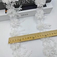 10/30/50pcs 3D Chiffon Flower Pearl Beaded Lace Edge Trim Ribbon 3-1/2" Width Vintage Style 5 Colors Edging Trimmings Fabric Embroidered Applique Sewing Craft Wedding Bridal Dress Party DIY Decor - Multicolor - View 3