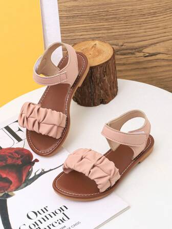 Girl's Cute Pink Ruched Strap Flat Sandals, Suitable For Daily Casual, Holiday, Beach