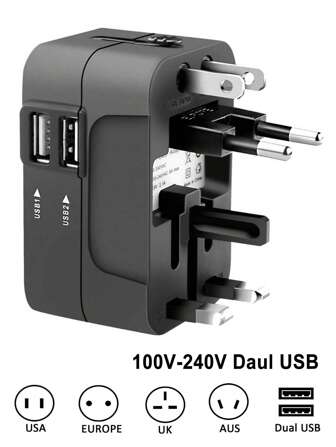 1 pieza Adaptador de viaje universal con 2 puertos USB, entrada de 110V-240V, enchufes US/EU/UK/AU, protección contra sobretensiones, cargador de pared todo en uno compatible con talla grande de 150 países, para teléfonos inteligentes, tabletas, etc.