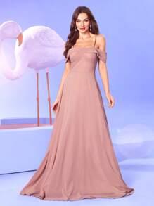 UNITHORSE One Shoulder Sleeveless Spraghetti Strapless Elegant Chiffon Maxi Bridesmaid Dress - Dusty Pink - View 6