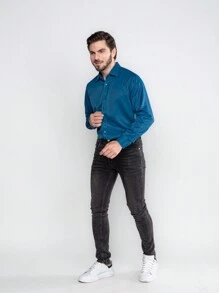 Men's Plain Wrinkle-Free Dress Shirt - Medium Wash - View 7