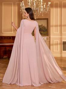 UNITHORSE Women Square Collar Rhinestone & Sequin Sleeve Solid Color Chiffon Evening Party Bridesmaid Dress, Wedding Guest Dress, Formal Dress, Bride Dress, Birthday Women Outfits, Graduation Dress,Gown - 粉色 - 查看 2