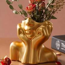 1 pieza Jarra delicada de resina con mano sosteniendo un rostro - Escultura de arte corporal humano hecho a mano, macetero, decoración de escritorio personal, almacenamiento de maquillaje, regalo exclusivo para el Día de San Valentín, Día de la Madre y otras festividades - Multicolor - Ver 2