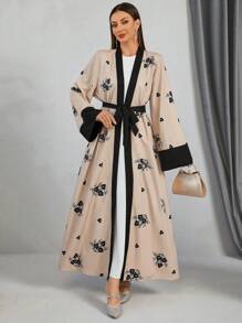 Women's Elegant Floral Print Colorblock Belted Abaya, Vacation Long Boho Modest Robe