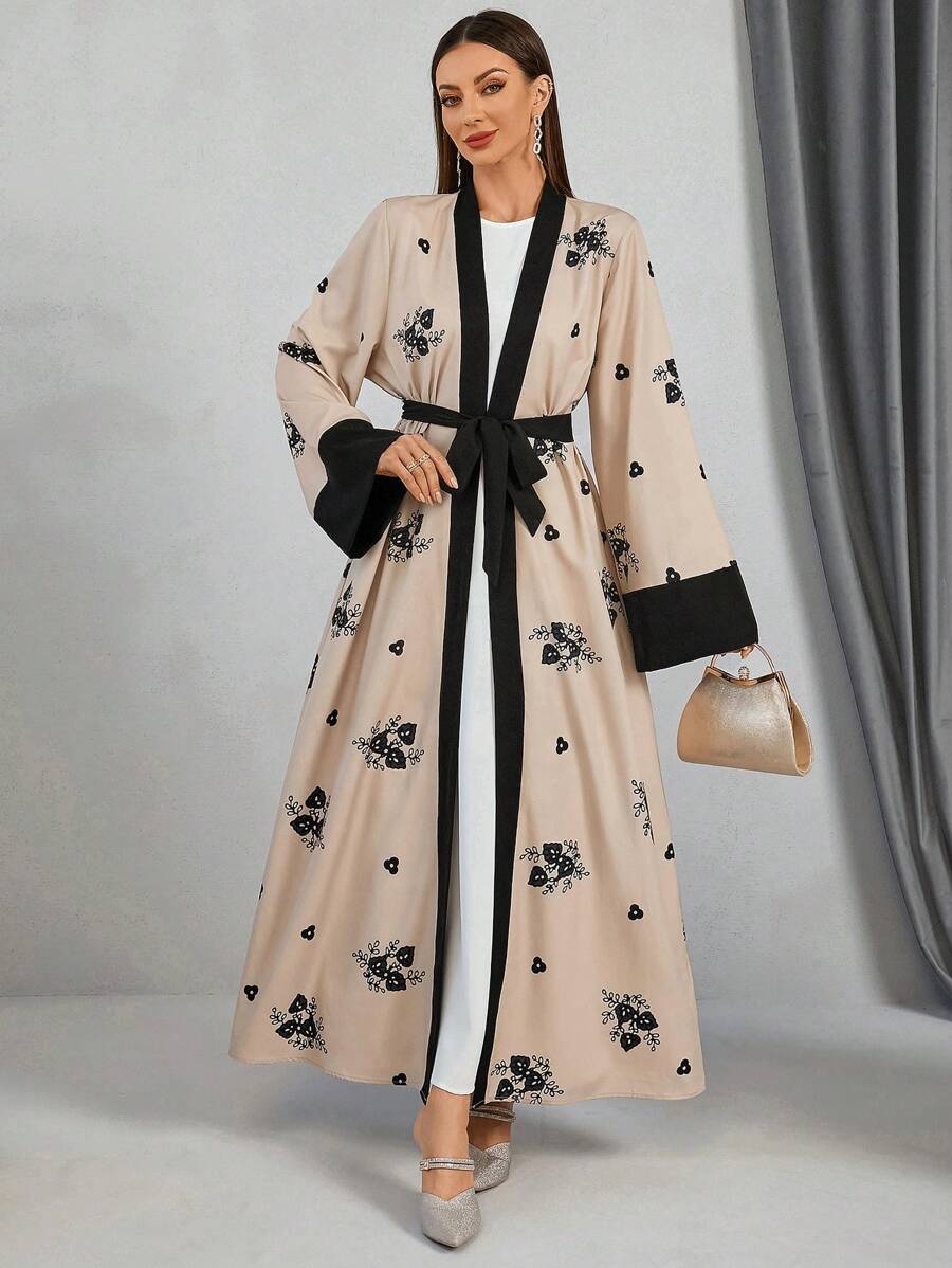 Women's Elegant Floral Print Colorblock Belted Abaya, Vacation Long Boho Modest Robe