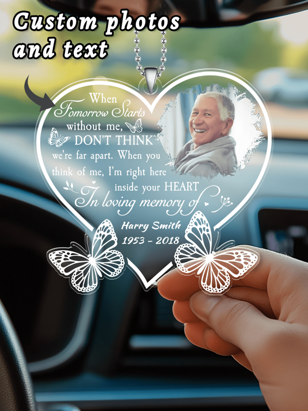 1pc Customized Photo Commemorative Acrylic Heart-Shaped Car Pendant, Personalized Customized Text With Two Butterfly Pattern Design For Rearview Mirror Decoration, A Gift To Commemorate The Passing Of Loved Ones, Couples, And Pets, An Eternal Tribute Car Decoration Pendant, Customized Car Interior Decoration, A Car Interior Decoration To Commemorate The Deceased, Personalized Decoration To Commemorate, And Commemorative Gift, Home Harmony