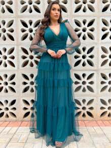LONG DRESS FOR WEDDING BRIDESMAID TULLE LAYERS LONG SLEEVES - Dark Green - View 1