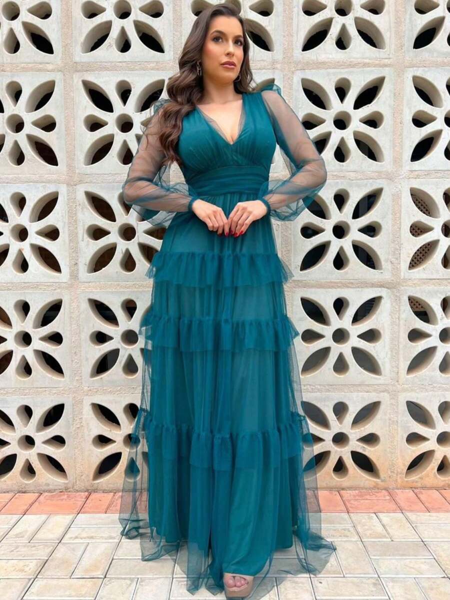 LONG DRESS FOR WEDDING BRIDESMAID TULLE LAYERS LONG SLEEVES - Dark Green - View 1