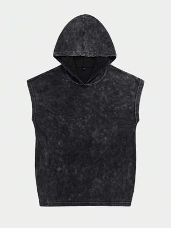 男士复古水洗黑色无袖连帽朋克摇滚乐队图案背心，适合音乐节和演唱会穿着