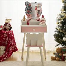 Karl Home 2 In 1 Kids Vanity Set With Lighted Mirror, Bear-Shaped Pretend Play Makeup Dressing Table With Large Drawer & Storage Shelf, Toddler Vanity Table & Chair Set For Little Girls, Pink Gifts