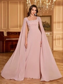 UNITHORSE Women Square Collar Rhinestone & Sequin Sleeve Solid Color Chiffon Evening Party Bridesmaid Dress, Wedding Guest Dress, Formal Dress, Bride Dress, Birthday Women Outfits, Graduation Dress,Gown - 粉色 - 查看 3