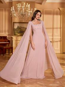 UNITHORSE Women Square Collar Rhinestone & Sequin Sleeve Solid Color Chiffon Evening Party Bridesmaid Dress, Wedding Guest Dress, Formal Dress, Bride Dress, Birthday Women Outfits, Graduation Dress,Gown - 粉色 - 查看 6