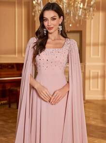 UNITHORSE Women Square Collar Rhinestone & Sequin Sleeve Solid Color Chiffon Evening Party Bridesmaid Dress, Wedding Guest Dress, Formal Dress, Bride Dress, Birthday Women Outfits, Graduation Dress,Gown - 粉色 - 查看 5