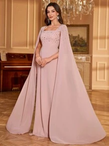 UNITHORSE Women Square Collar Rhinestone & Sequin Sleeve Solid Color Chiffon Evening Party Bridesmaid Dress, Wedding Guest Dress, Formal Dress, Bride Dress, Birthday Women Outfits, Graduation Dress,Gown - 粉色 - 查看 4