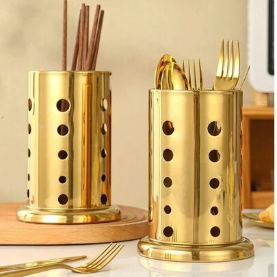 金色不锈钢厨房收纳桶 - 台面餐具架，勺子筷子收纳，现代风格，厨房角落装饰