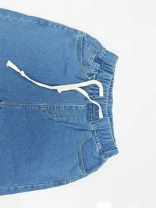 Women's Simple Solid Color Casual Denim Shorts With Elastic Waist And Drawstring, Frayed Hem Design - Blue - View 5