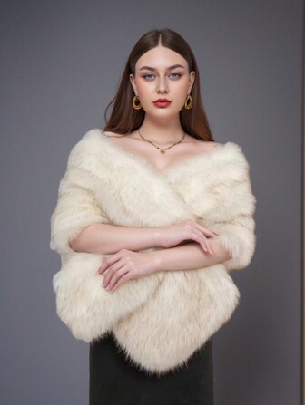 [1pc] Faux Fox Fur Elongated Wide One-Piece Shawl, Bridal Wrap Scarf For Wedding Gown, Evening Dress, Fashionable Loose Fitted Autumn/Winter Poncho, White/Blue