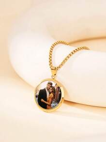 Customizable Photo Print Necklace, Geometric Circle Shape Can Be Engraved With Photos, Pendant Necklace For Mother's Day, Couples