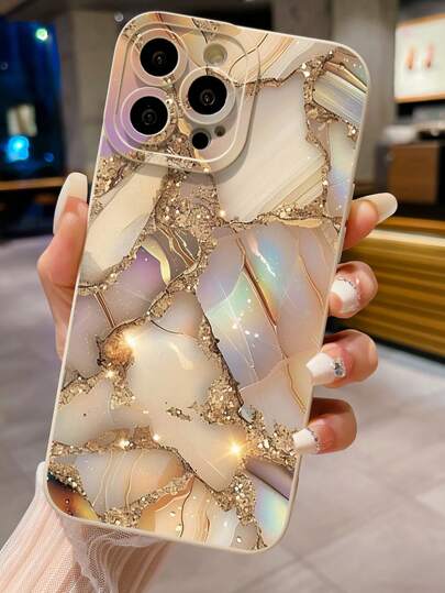 1 pieza Funda de teléfono a prueba de golpes con patrón de mármol beige compatible con Apple, Galaxy, Infinix, Redmi, OPPO, VIVO, Realme, resistente al agua y a los arañazos