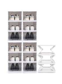 6 Pcs/Set Stackable Clear Plastic Shoe Boxes, Closet Shoe Organizer, Modular Shoe Storage Containers, White Plastic Shoe Storage - Multicolor - View 1