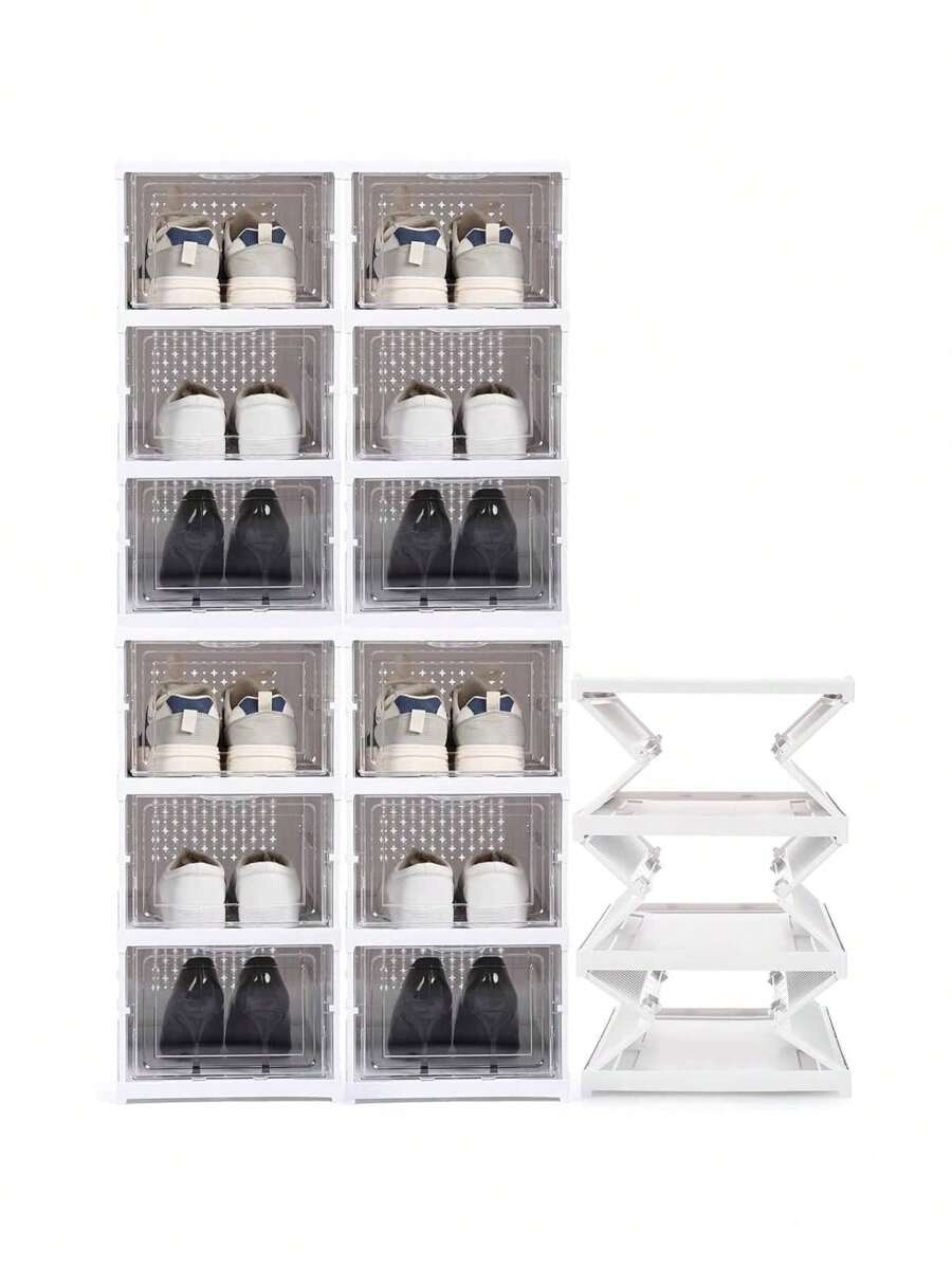6 Pcs/Set Stackable Clear Plastic Shoe Boxes, Closet Shoe Organizer, Modular Shoe Storage Containers, White Plastic Shoe Storage - Multicolor - View 1