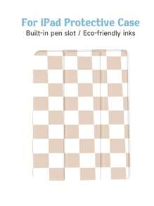 1pc Minimalist Light Brown Plaid Pattern Tablet Protective Case, Compatible With IPad 10.2 Inch, IPad Pro 11 2021/2020/10th Gen, IPad Mini 4/5/6, Galaxy Tab A8 10.5 Inch 2022, Matepad 10.4/Tab, With Pencil Holder, Anti-Drop, Tablet Stand, Sleep/Wake Function