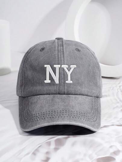 1件男士刺繡NY洗水棒球帽，帶可調節帶，適用於戶外休閒棒球帽