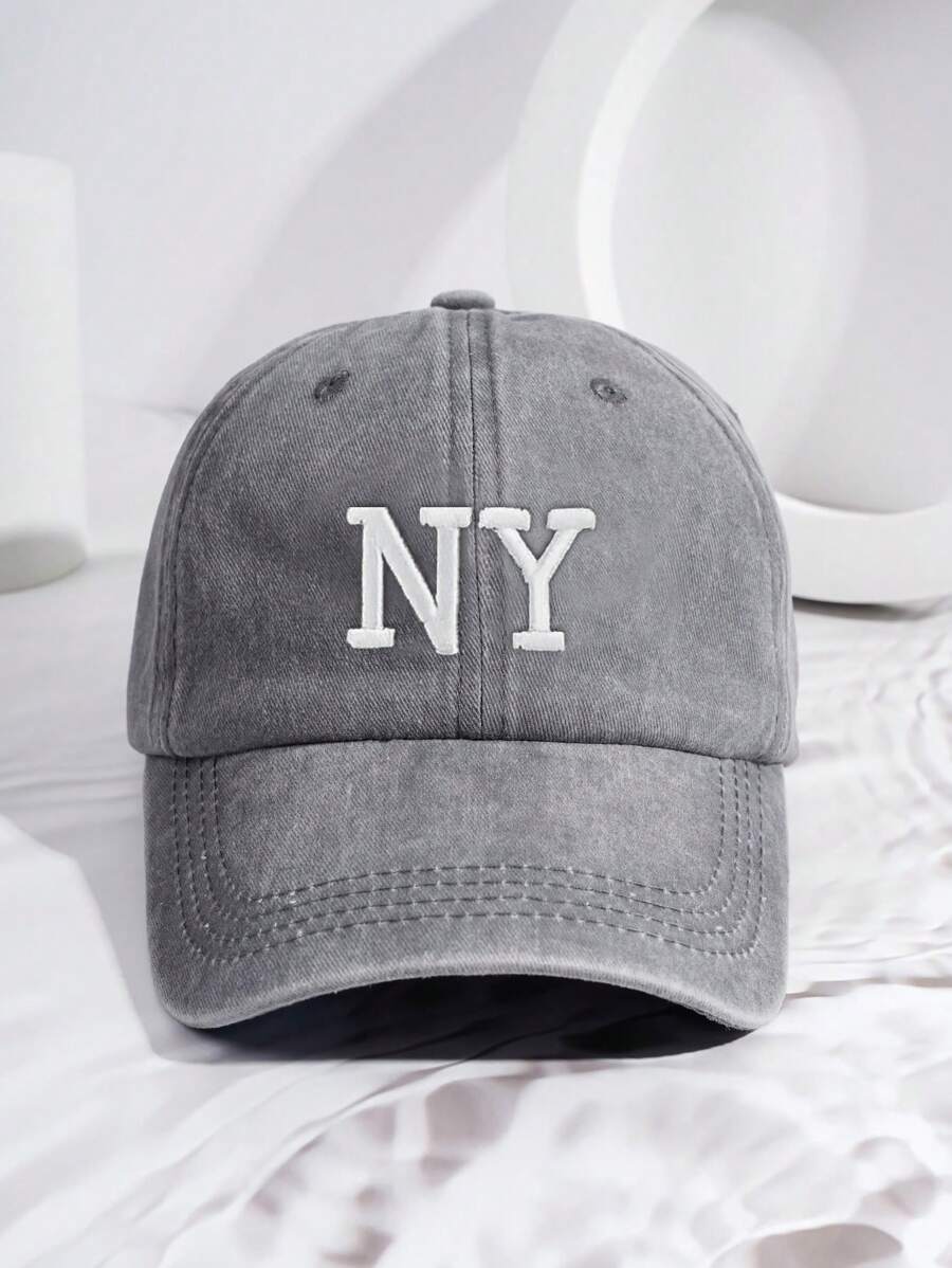 1件男士刺繡NY洗水棒球帽，帶可調節帶，適用於戶外休閒棒球帽 - 灰色 - 查看 1