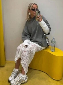 Sexy Hollow Lace A-Line Skirt For Women, Elegant Long Skirt, No Lining - White - View 6