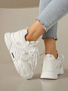 Teniși noi pentru femei cu talpă groasă, Four Seasons, plate, bej, portocaliu, violet, negru și alb, maro, pantofi casual, pantofi sport cu vârf rotund și șireturi din plasă la modă, blocuri de culoare - alb - Vizualizare 3