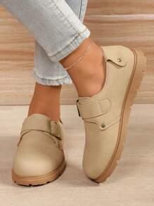 Women's French Style Slip-On Leather Flat Shoes With Round Toe And Buckle, Soft Sole, Comfortable For Commuting And Work, Spring/Autumn