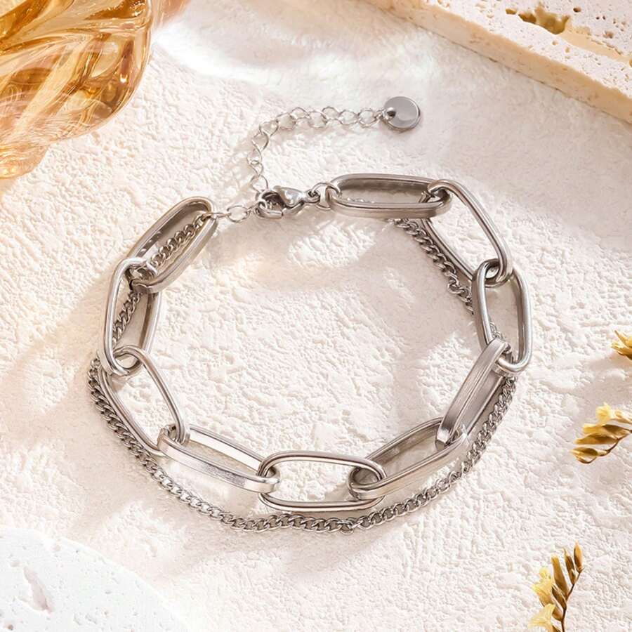 18K Titanium Steel Thick Chain Bracelet Non-Fading European And American Style - Silver - View 1