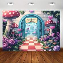 1 szt. Baner w tle z motywem Alicji w Krainie Czarów, wielofunkcyjna dekoracja na przyjęcie, uniwersalny świąteczny urok, nie wymaga zasilania, odpowiedni na urodziny, wesela, walentynki, rekwizyty studyjne, - Wielokolorowe - Zobacz 2