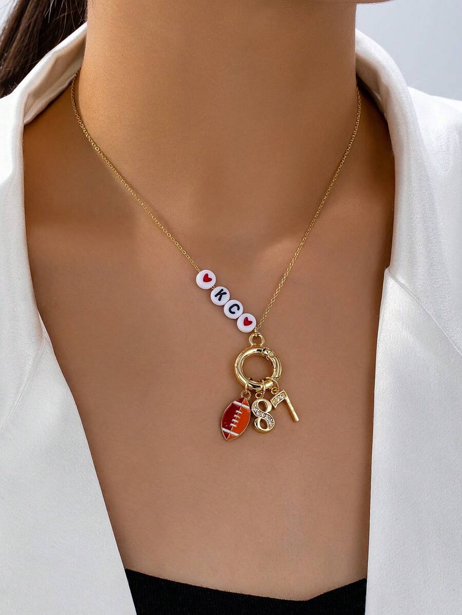 1 件美式橄榄球 KC 堪萨斯城队 87 登山扣吊坠项链，比赛日项链女士珠宝配饰，球迷项链礼物 - 彩色 - 查看 1