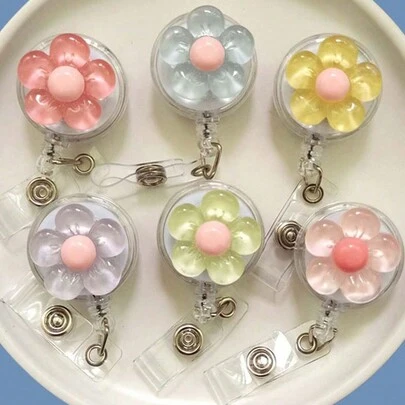 1 件/6 件可爱水晶花形，树脂塑料，可伸缩旋转扣，带旋转夹的徽章卷轴，用于工作证、学生证，适合学生、教师、医生、学校用品、返校