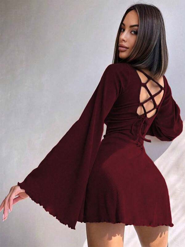 Fashionable Sexy Round Neck Solid Color Bell Sleeve Hollow Out Tie Up A-Line Short Dress