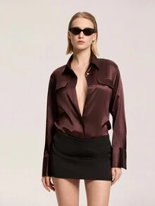 Women's Minimalist Solid Color Pocket Silk-Feel Loose Blouse - Burgundy - View 7