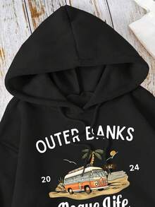 OUTER BANK Palm Tree Print Women's Versatile Long Sleeve Pocket Casual Hoodie - Black - View 3